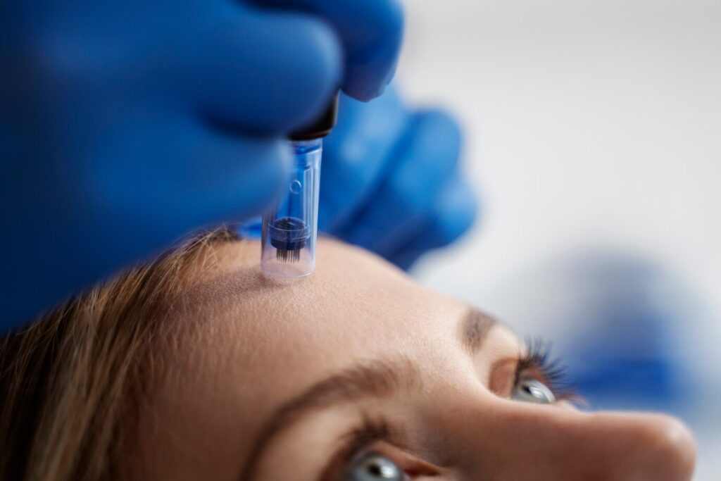 Close-up of a gloved hand performing microneedling on a patient's forehead, showcasing the device's needle cartridge for skin rejuvenation and collagen stimulation.